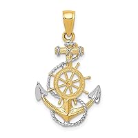 10k Two tone and Rhodium Nautical Ship Mariner Anchor With Rope Pendant Necklace Measures 30x17.5mm Wide Jewelry for Women