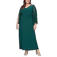 S.L. Fashions Women's Plus Size Long Stretch Knit Ruched Dress with Illusion Sleeves