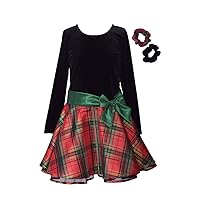 Bonnie Jean Girls Plus Size Holiday Christmas Dress - Classic Plaid with Velvet with Hair Accessories
