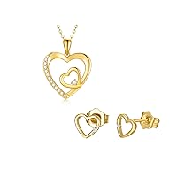 14K Gold Heart Jewelry Set for Women, Yellow Gold Heart Necklace and Diamond Stud Earrings Jewelry for Her