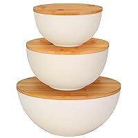 Salad Bowl with Lid, Natural Bamboo Fiber Serving Bowls Set of 3 with Bamboo Wood Lids, Beige Mixing Bowls Set for Preparing, Storing and Serving Salad Fruit Chips Bread(10