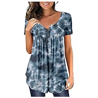 Women'S T-Shirts, Womens Tops Vacation Outfits For Women 2024 Button Up V Neck Tee Ladies Shirt Short Sleeve Tshirt Plus Size Blouse Pleated Dressy Tops Casual Summer Tunic Basics (Dark Blue,5X-Large)