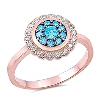 Rose Gold-Tone Simulated Aquamarine Flower Halo Ring .925 Sterling Silver Sizes 5-10