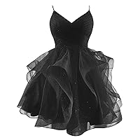 Glitter Tulle Short Homecoming Dresses Spaghetti Straps Mini Cocktail Dresses for Teens Puffy Ruffle Tiered Prom Dress