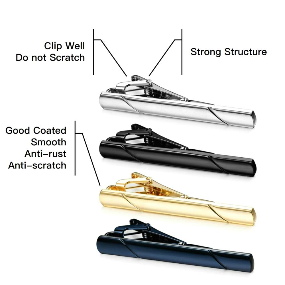 MOZETO Tie Clips for Men, Black Gold Blue Gray Silver Tie Bar Set for Regular Ties, Luxury Box Gift Ideas (Elegant Style)