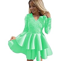 Women's Long Sleeves V Neck Short Lace Prom Homecoming Dresses with Tired Skirt 2023 Juniors Party Gown