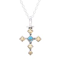 NOVICA Handmade Citrine Pendant Necklace Composite Turquoise Cross .925 Sterling Silver Reconstituted Yellow Blue India Christian Religious Birthstone 'Sunny Cross'