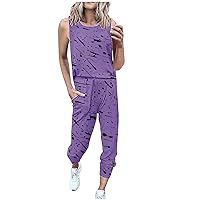 Summer Sleeveless 2 Piece Outfit Women Art Print Tracksuit Crewneck Tank Tops with Drawstring Sweatpants Lounge Sets