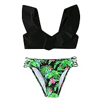 3 Piece Summer Girls Leaves Fashion Printed Ruffles Two Piece Swimwear Swimsuit Bikini Swimsuit Girls10