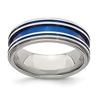 Edward Mirell Titanium Polished Engravable With Blue Anodized Grooves 8mm Band Jewelry Gifts for Women - Ring Size Options: 10 10.5 11.5 12 12.5 13 7 7.5 8 8.5 9.5