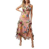 Women Sleeveless Maxi Dress Backless Bodycon Floral Printed Spaghetti Strap Long Dress Sheer Mesh Summer One-Piece