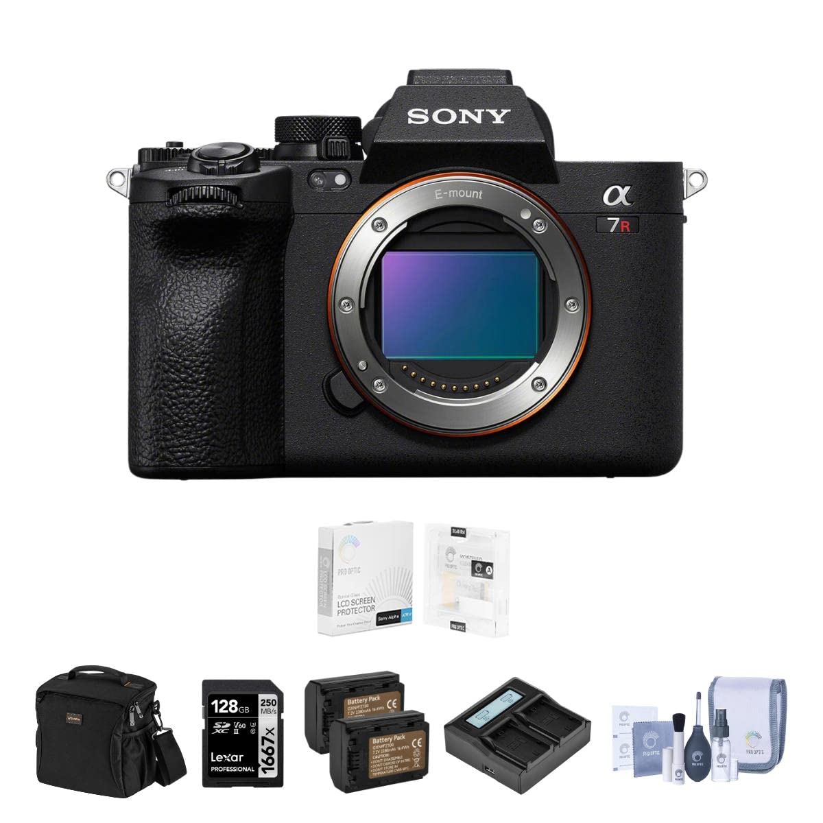Sony Alpha a7R V Mirrorless Digital Camera Body Bundle with 128GB SD Card, Shoulder Bag, 2X Battery, Dual Charger, Screen Protector, Cleaning Kit