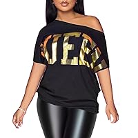 PESION Womens Off The Shoulder Tops Sexy Shiny Shirts Short Sleeves Funny Graphic T-Shirt Blouses