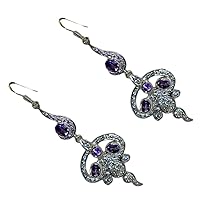 Antique Earrings Natural Amethyst For Women Handmade Sterling Silver Jewelry Fish Hook Oval Shape Gifts