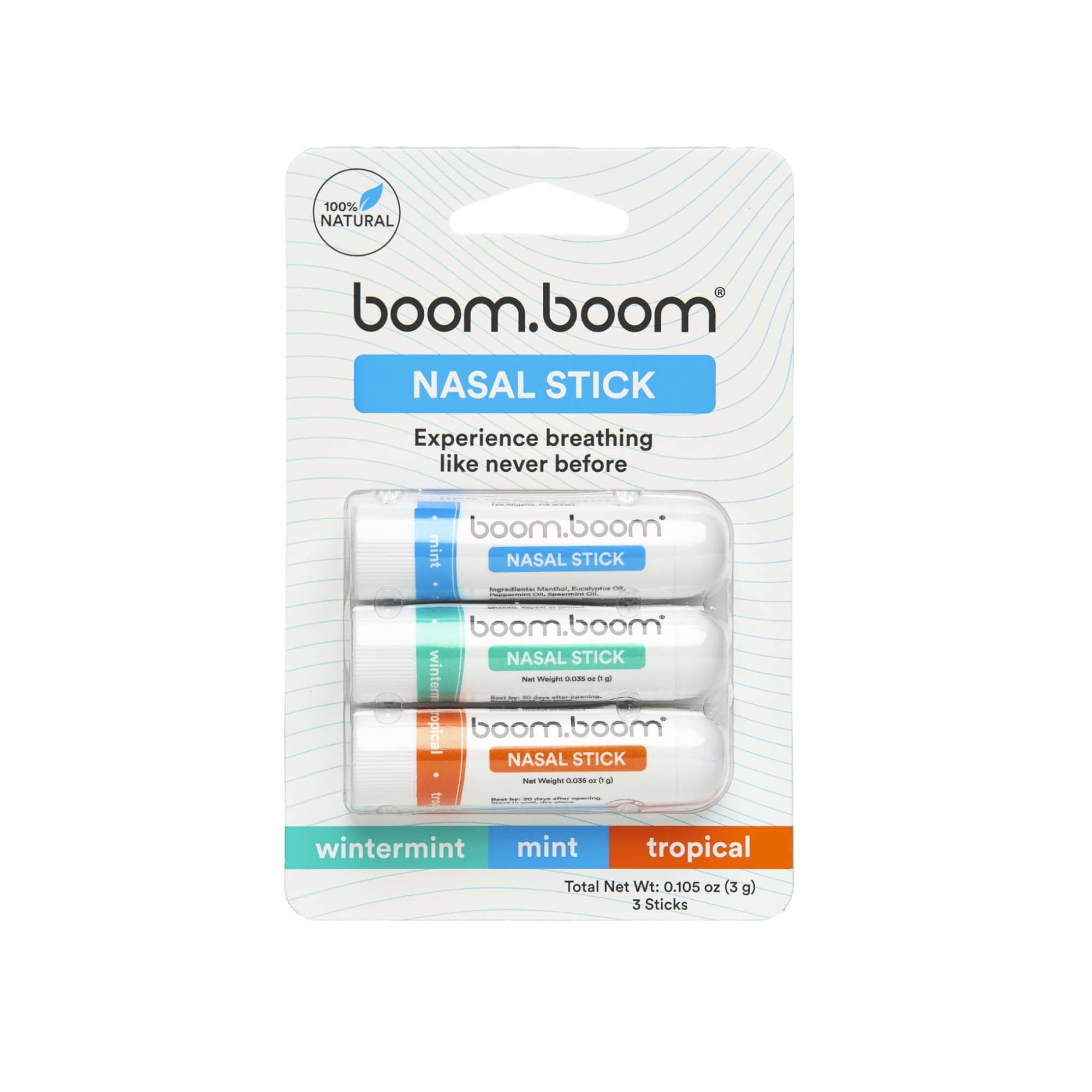 BoomBoom Nasal Stick (3 Pack) | Enhance Breathing + Boost Focus | Breathe Vapor Stick Provides Fresh Cooling Sensation | Aromatherapy Inhaler with Essential Oils + Menthol (Mint, Wintermint, Tropical)