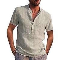 Linen Shirts,Short Sleeve 2024 Trendy Plus Size T-Shirt Solid Fashion Casual Button Top Blouse Outdoor Shirt Lightweight Tees Khaki XL
