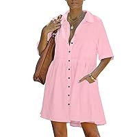 PYGFEMR Women's Short Sleeve Babydoll Dress Button Down Dresses with Pockets