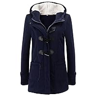 Women Fuzzy Fleece Parka Warm Winter Down Coat Long Sleeve Horn Buckle Hooded Jacket Outerwear with Pockets