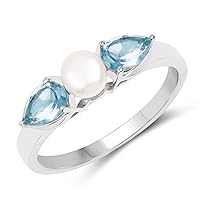 1.56 Carat Genuine Blue Topaz and Pearl .925 Sterling Silver Ring