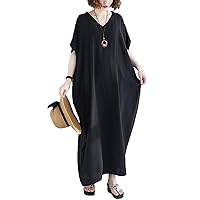 Flygo Women's Batwing Short Sleeve Maxi Dress Long Shirt Dresses Oversized Sleep Loungewear (One Size, Black)