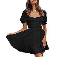 Women's Square Neck Puff Sleeve Mini Dresses Ruffle Elastic Waist A-Line Elegant Summer Casual Flowy Mini Dress