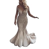 Beach Illusion Long Sleeves Lace Sequins Bridal Ball Gowns Train Mermaid Wedding Dresses for Bride 2022