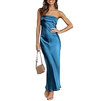 Caracilia Womens Summer Satin Formal Wedding Guest Maxi Dresses Sexy Backless Strapless Cutout Cocktail Party Prom Long Dress