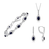 Rylos Women's Sterling Silver Designer Halo Set: Tennis Bracelet, Dangling Earrings & Necklace. Gemstone & Diamonds, Adjustable 7