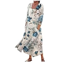 Oversized Swing 3/4 Sleeve Women Dress with Pocket Graphic Print Maxi Dress Round Neck Casual Loose Dress
