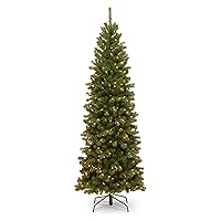 National Tree Company Pre-Lit Artificial Slim Christmas Tree, Green, North Valley Spruce, White Lights, Includes Stand, 7 Feet