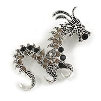 90mm Long/Grey/Black Crystal Chinese Dragon Large Brooch in Aged Silver Tone