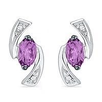 DGOLD 10KT White Gold Oval Amethyst with Round Diamond Fashion Earring (0.53 cttw)