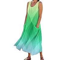 Women's 2024 Summer Sundresses Sleeveless Scoop Neck Striped Flowy Beach Vacation Party Long Tank Maxi Dresses
