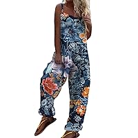 Women's Floral Jumpsuits Sleeveless Pocket Jumpsuit Loose Print Bohemian Wide Leg Bib Overall Jumpsuit, S-3XL