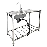 Stainless Steel Utility Sink, Free Standing Single Bowl Commercial Kitchen Sink Set W/Right Workbench and Hot and Cold Faucet