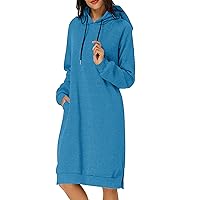Women Summer Dress Tshirt Beach Womens Autumn and Winter Loose Solid Long Hooded Dress with Pocket