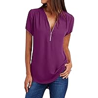 Women's Zip Front Chiffon Shirts V-Neck Short Sleeve Work Casual Top Elegant Solid Color Business Blouse Tshirt