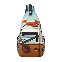 Vintage Van in The Beach with a Surfboard Sling Bag Lightweight Crossbody Bag Shoulder Bag Chest Bag Travel Backpack for Women Men