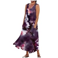 Dresses for Women 2024 Casual Casual Comfortable Floral Print Sleeveless Cotton Pocket Dress