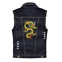Men`s Denim Vest Dragon Embroidered Sleeveless Jeans Vest Jacket