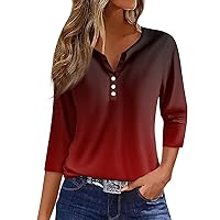 3/4 Length Sleeve Womens Tops Button Henley V Neck Shirts Henley 2024 Summer Blouses Dressy Fashion Print Clothes