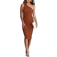 PRETTYGARDEN Women's Ruched Bodycon Dress 2024 Summer One Shoulder Sleeveless Party Cocktail Pencil Dresses