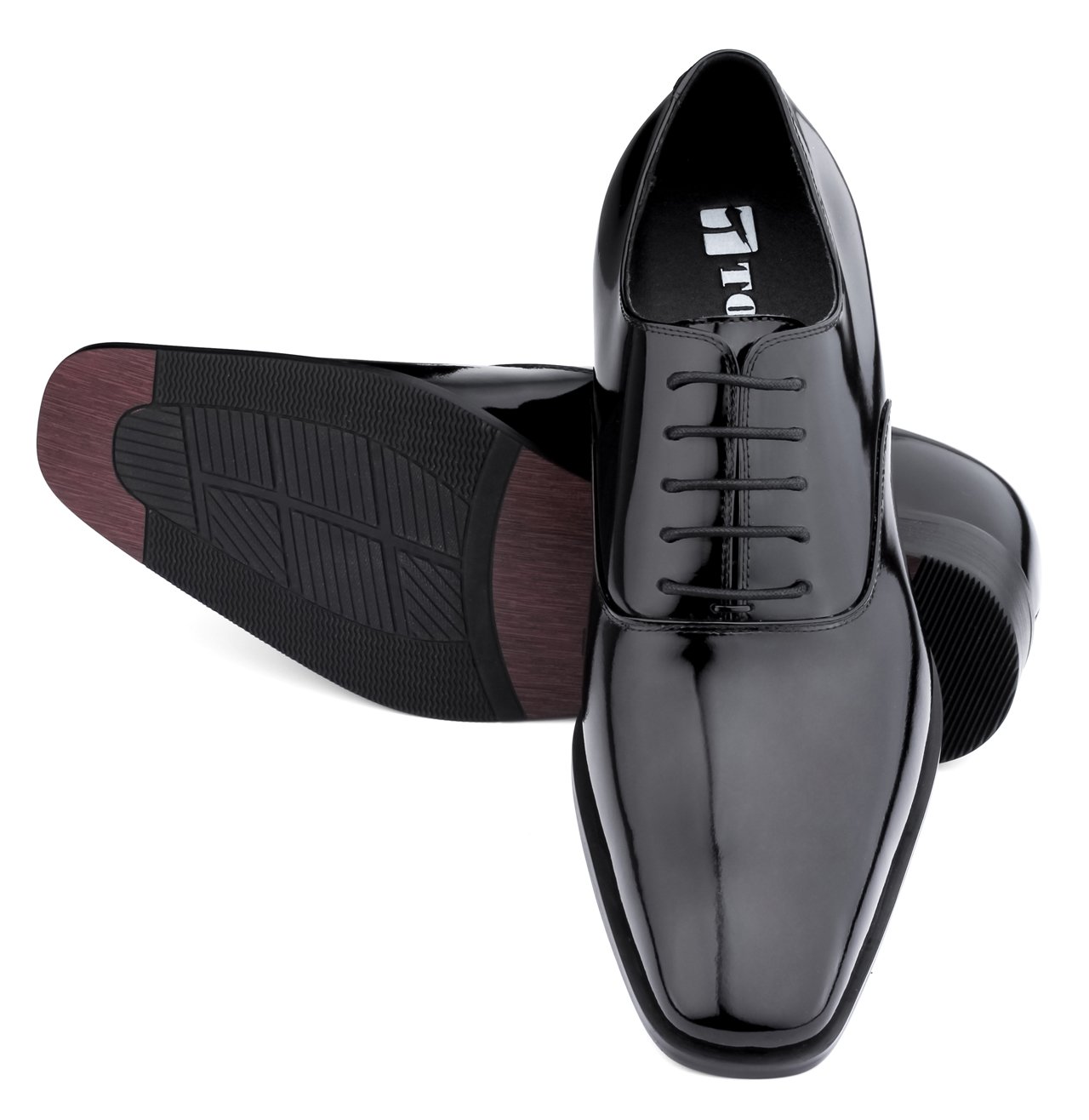 TOTO Men's Invisible Height Increasing Elevator Shoes - Black Patent Leather Lace-up Formal Oxfords - 3 Inches Taller - H6532B