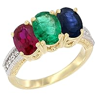 14K Yellow Gold Enhanced Ruby, Natural Emerald & Blue Sapphire Ring 3-Stone Oval 7x5 mm, sizes 5 - 10