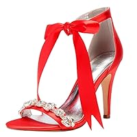 Womens Lace Up Sexy Heels Open Toe Bride Party Job Dress Shoes High Heels Satin Strappy Wedding Rhinestones Sandals