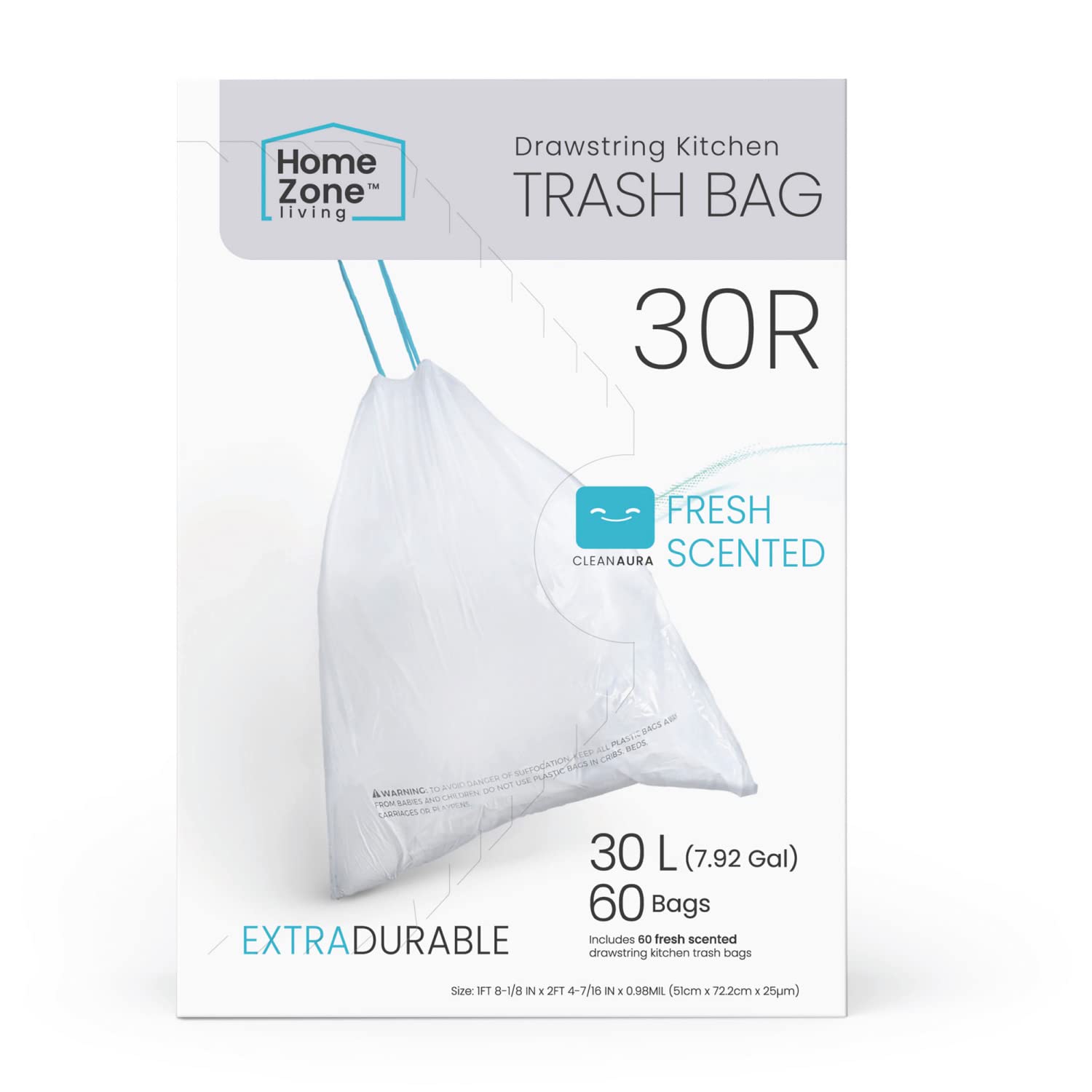 Home Zone Living 8 Gallon Kitchen Trash Bags with Drawstring Handles, Heavy Duty Custom Fit Design for 30 Liter Dual Recycling Liners, Code 30R, 60 Count