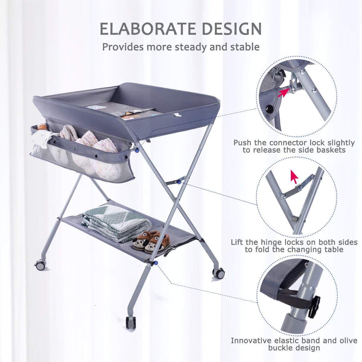 EGREE Baby Portable Folding Diaper Changing Station with Wheels, Adjustable Height Mobile Nursery Organizer with Safety Belt & Large Storage Racks, Newborns & Infant, Gray 1 Count (Pack of 1)
