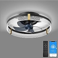 Low Profile Ceiling Fan with Lights: 15.7'' Flush Mount Ceiling Fan with Remote, Dimmable LED 3 Color 6 Speeds Reversible Smart Modern Bladeless Ceiling Fans for Bedroom Living Room Kitchen, Black