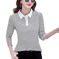 Women Cotton Striped T-Shirt Polo Collar Long Sleeve Loose Tees Tops Simplicity Casual Pullover
