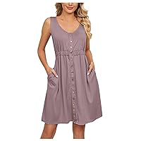 Tank Dresses for Women 2024, Women's Casual Sexy Solid Sleeveless Button Pocket Round Neck Waist, S XXL